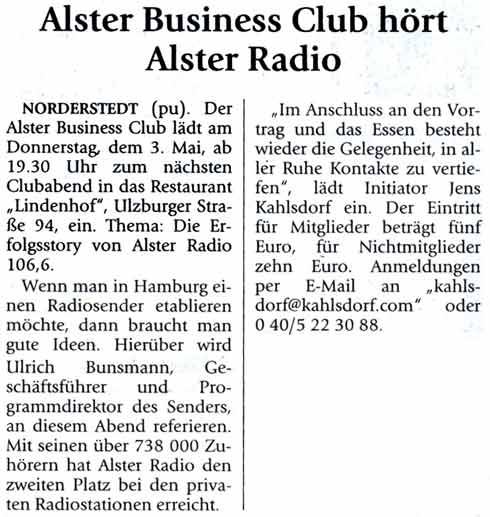 Zeitungsartikel Heimatspiegel: Alster Business Club hört Alster Radio