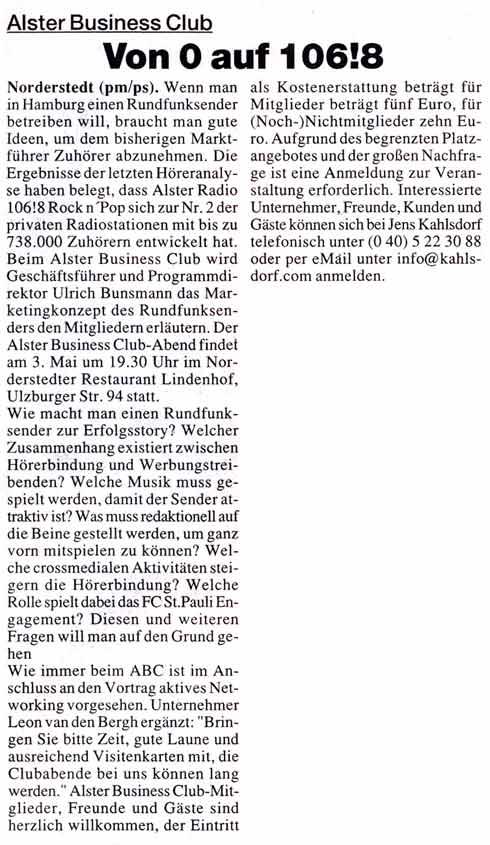 Zeitungsmeldung Sonntags Anzeiger: Alster Business Club: Von 0 auf 106!8